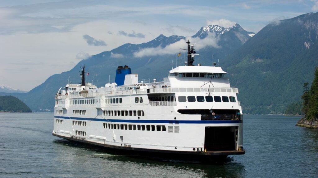 Large white car and passenger ferry cruising past forested mountains and snow-capped peaks.