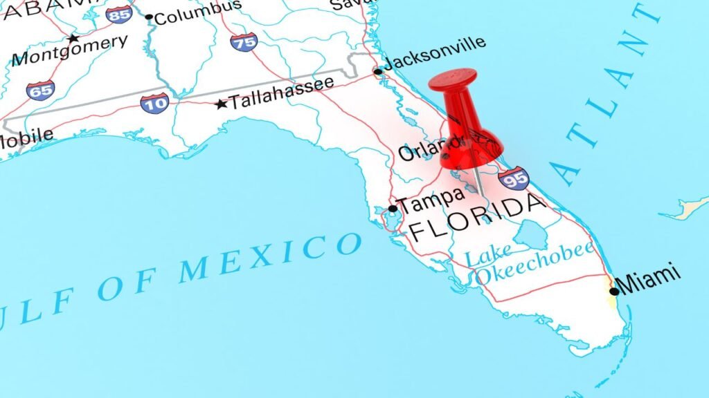 Map of Florida, USA showing major cities like Orlando, Tampa, and Miami with a red location pin marker
