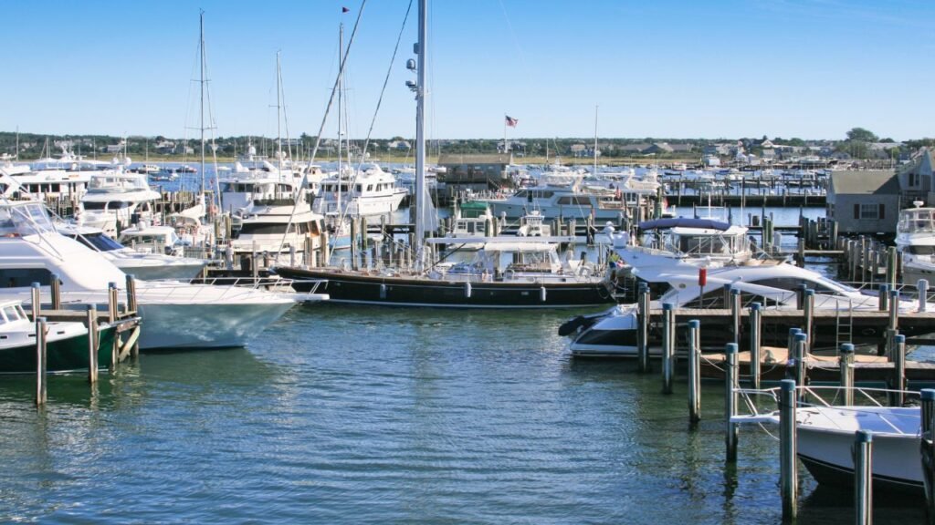 Yachts and sailboats docked at a busy marina in Nantucket, Massachusetts on a clear day.