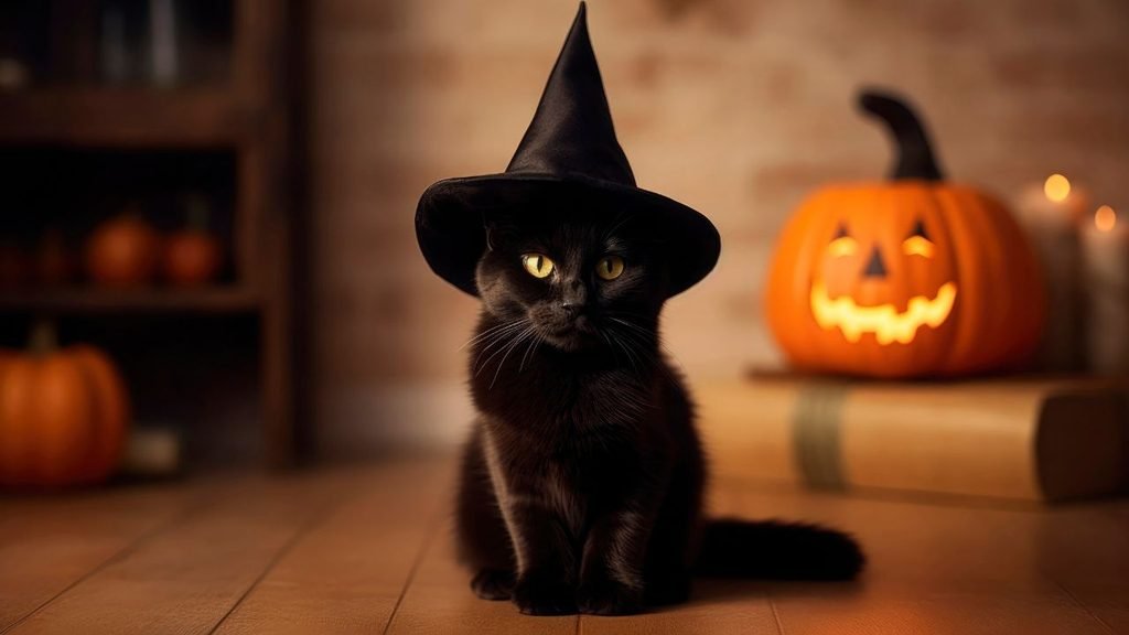 Black cat wearing a witch hat sitting in front of a glowing jack-o'-lantern and Halloween decorations