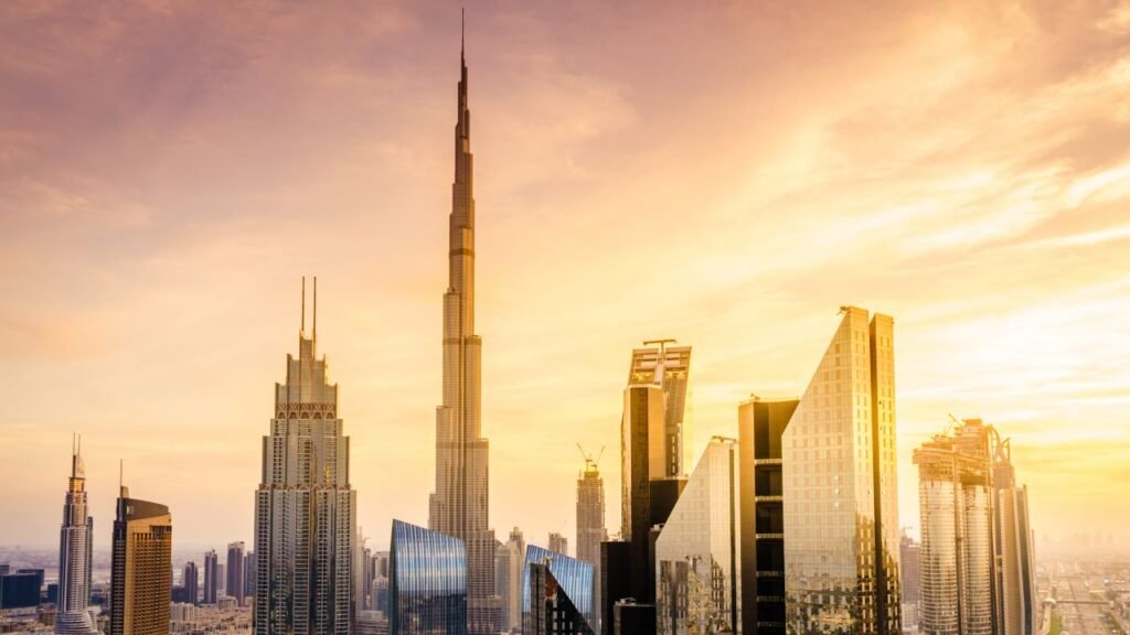 The Burj Khalifa towering above the Downtown Dubai skyline at sunset, surrounded by other high-rise buildings under a golden sky.