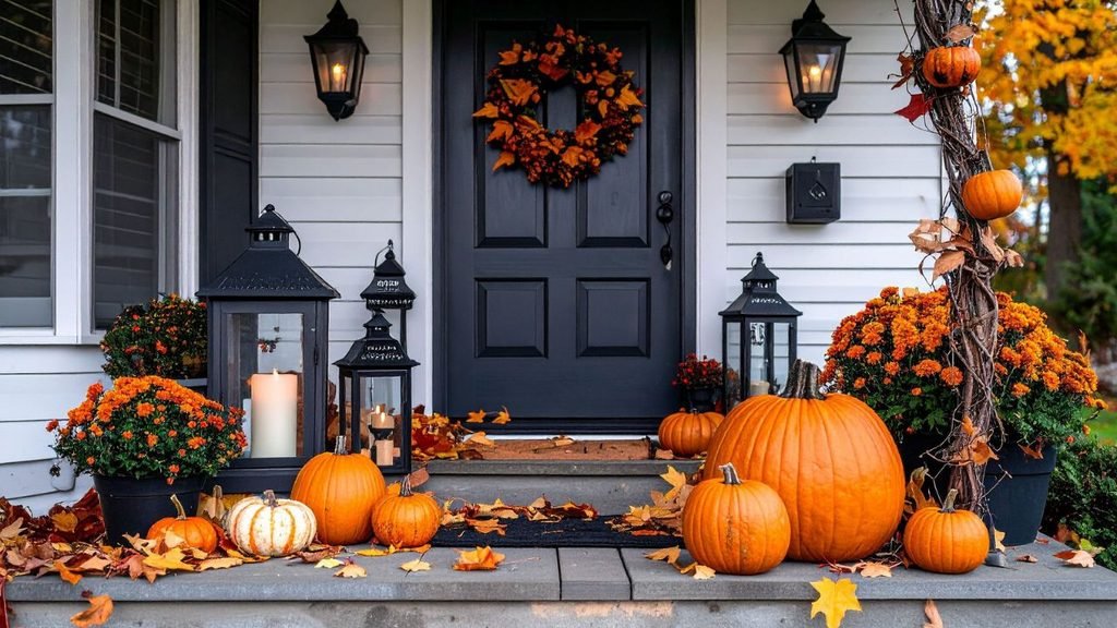 Autumn front porch decorated with pumpkins, orange mums, lanterns, and a fall wreath for Halloween
