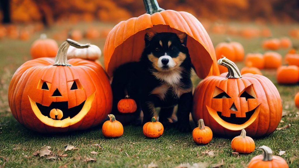 Black and tan puppy peeking out from under a hollowed pumpkin between two carved jack-o'-lanterns in a patch