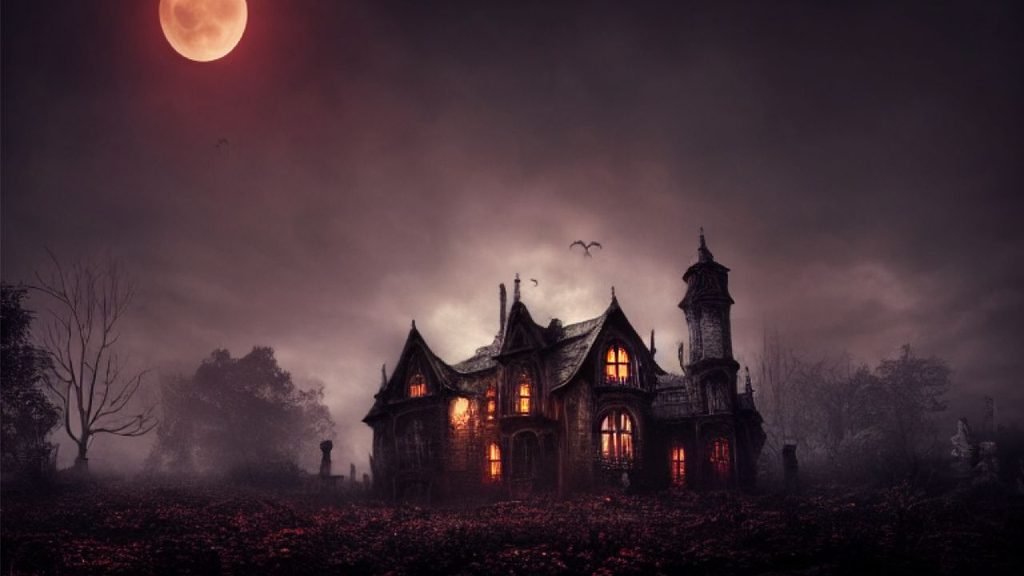 Eerie haunted Victorian house glowing under a red full moon with bats flying in a misty Halloween sky