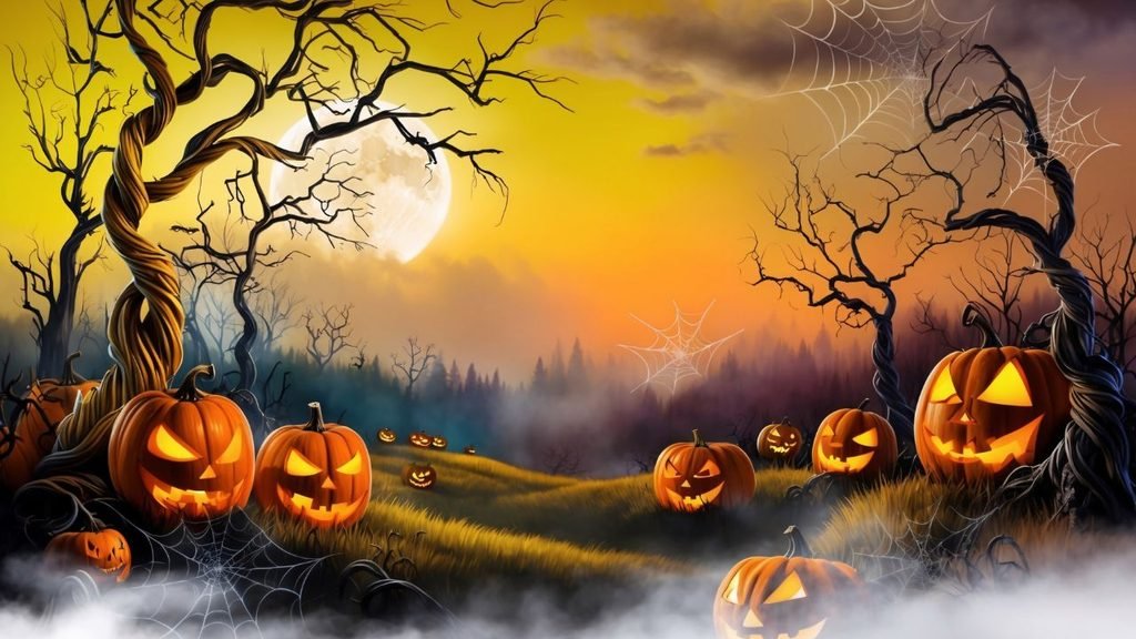 Illustrated spooky pumpkin patch with glowing jack-o'-lanterns, bare trees, and a full moon at dusk