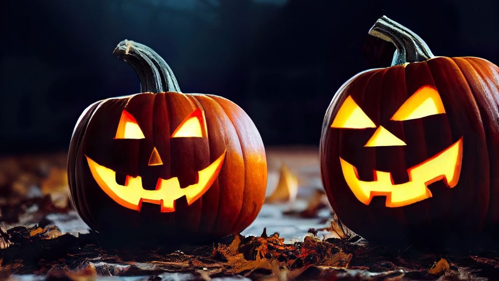 Two glowing jack-o'-lanterns with classic scary faces sitting on autumn leaves at night